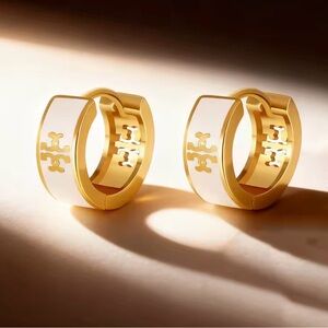 New Gloss White & Gold Luxe Cross Celtic Small Huggie Hoop Earrings